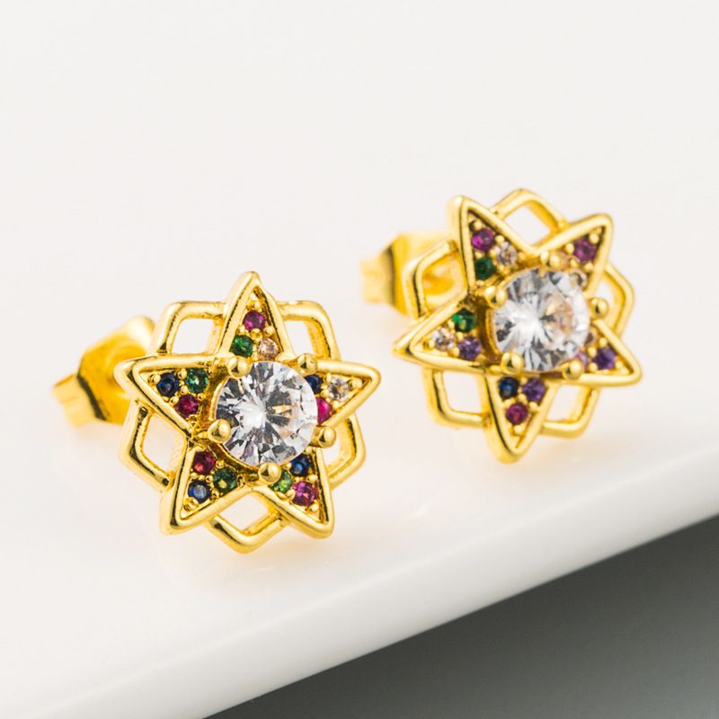 Simple Hollow Five-pointed Star Flower Copper Gold-plated Earrings Wholesale Nihaojewelry