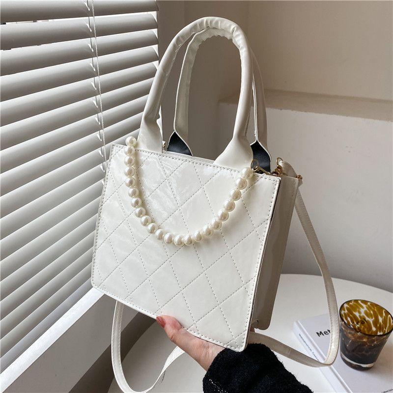 Fashion Solid Color Plaid Texture Pearl Chain Messenger Bag Wholesale Nihaojewelry