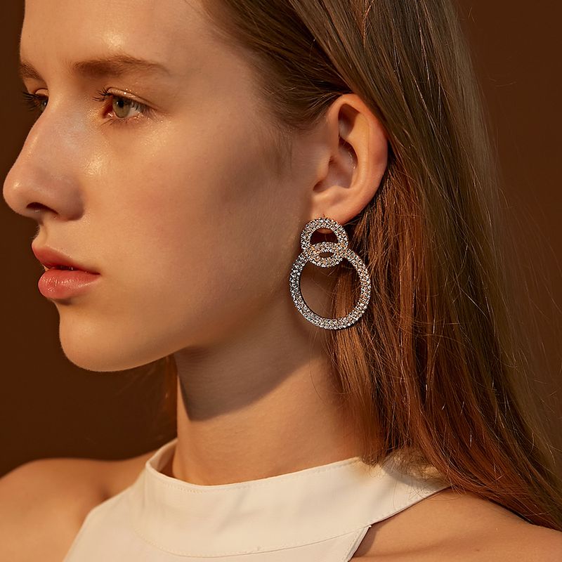 Boucles D&#39;oreilles Géométriques À Double Cercle À La Mode Avec Diamants En Gros Nihaojewelry