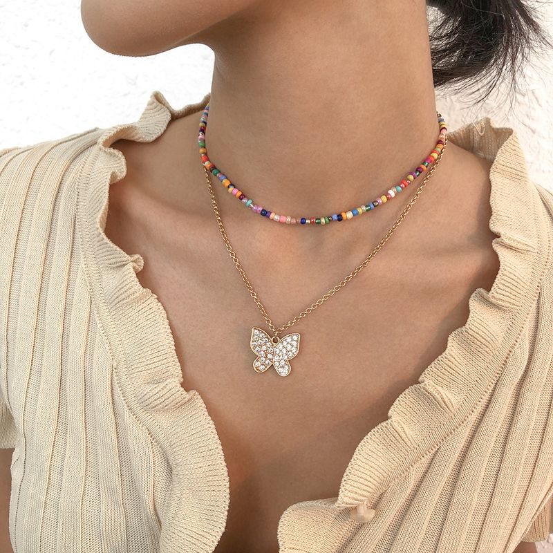 Aleación Retro Color Miyuki Bead Multicapa Mariposa Colgante Collar Venta Al Por Mayor Nihaojewelry