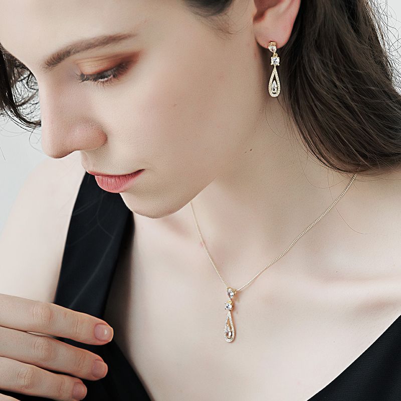 Fashion Zircon Pendant Long Drop-shaped Necklace Earrings Set Wholesale Nihaojewelry
