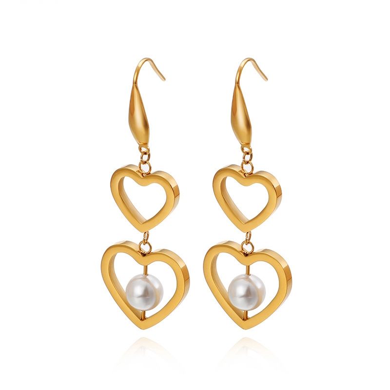 Neue Art Titanstahl Doppelte Herzförmige Perlenohrringe Großhandel Nihaojewelry