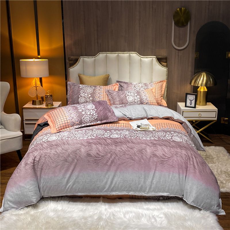 Wholesale Gradient Color Lace Flower Printed Brushed Bedclothes Set Nihaojewelry
