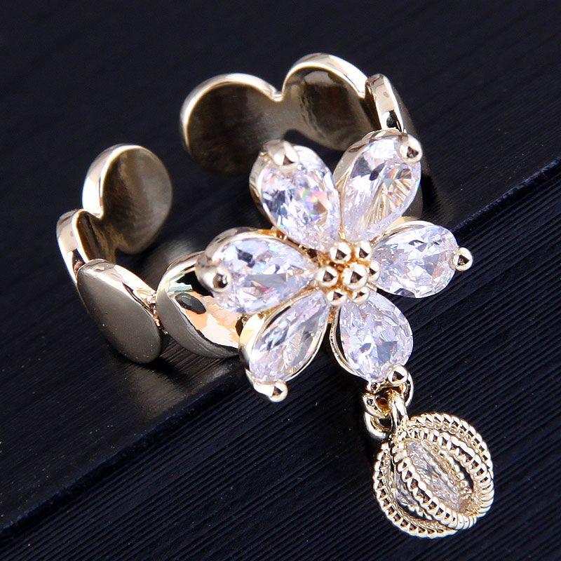 Korean Gold Plated Inlaid Zirconium Petals Drop Open Ring Wholesale Nihaojewelry