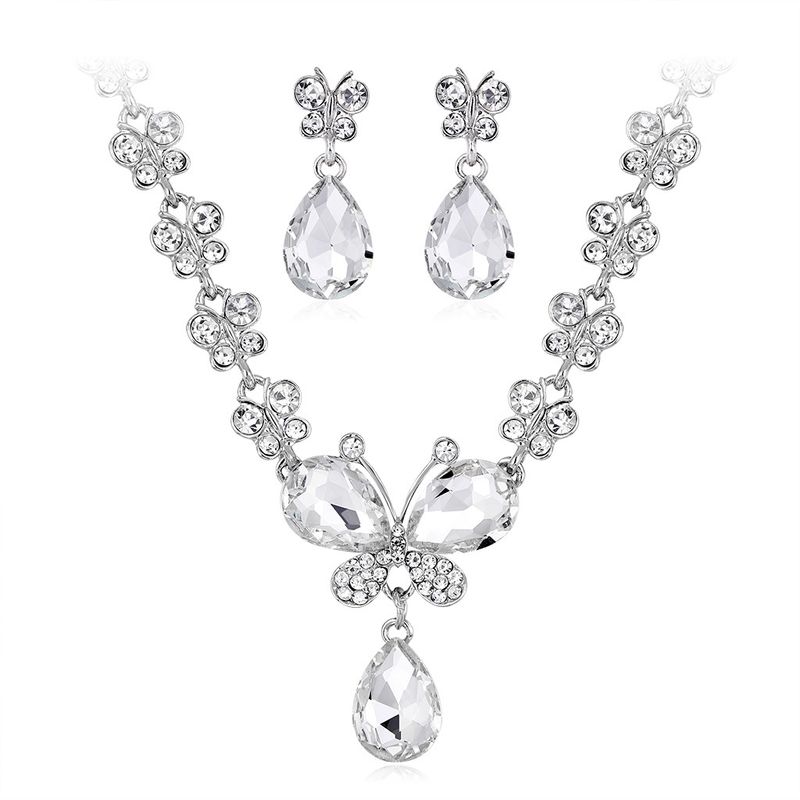 Mode Hochzeit Blume Wassertropfen Schmetterling Ohrringe Halskette Set Großhandel Nihaojewelry