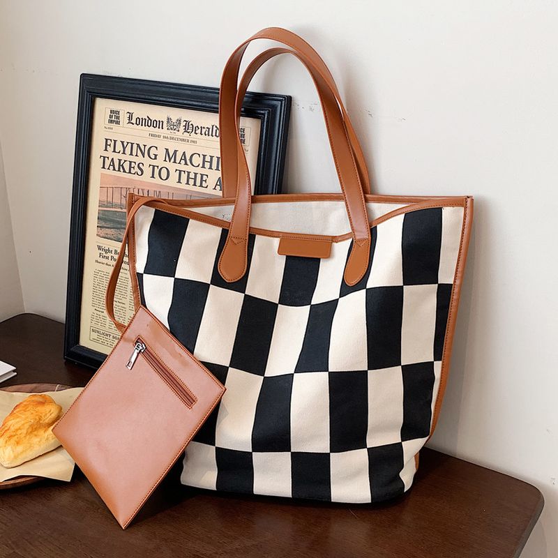 Fashion Large-capacity Canvas Shoulder Tote Checkered Bag Wholesale Nihaojewelry