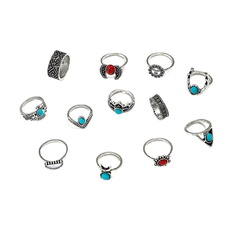 Wholesale Jewelry Red Crescent Wings Turquoise Ring 12-piece Set Nihaojewelry