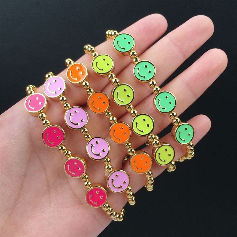 European And American Style Design Metal Beaded Elastic Bracelet Personalized Dripping Smiley Face Stitching Hip Hop Bracelet Jewelry Wholesale