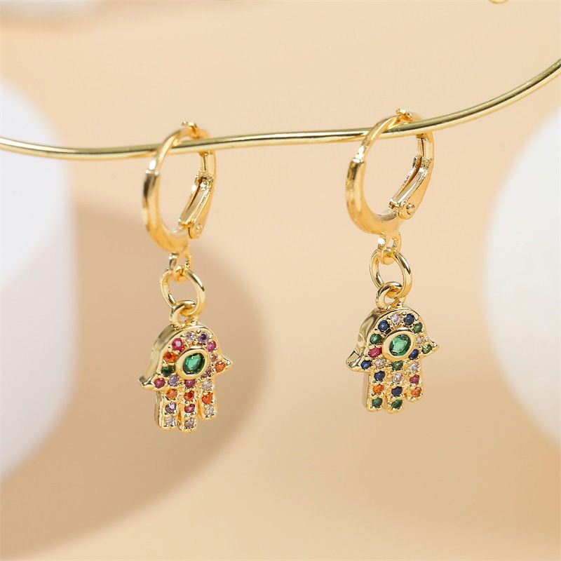 European And American Simple Trendy Unique Copper Inlaid Zirconium Palm Earrings Women's Korean Cute Exquisite Real Gold Electroplated Earrings