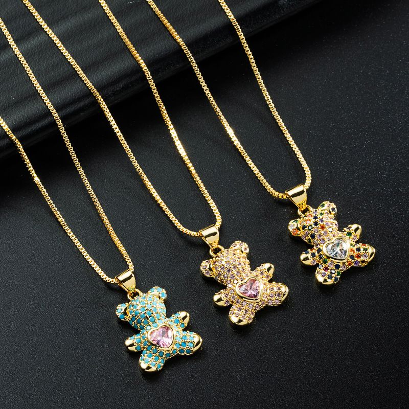 Korea Simple Love Bear Pendant Copper Inlaid Zircon Necklace Wholesale Nihaojewelry