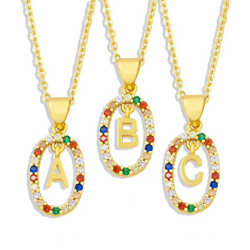 Cross-border New Arrival Ornament Micro-inlaid Colorful Zircon Personalized Hip Hop 26 English Letters Pendant Necklace Female Nkw62