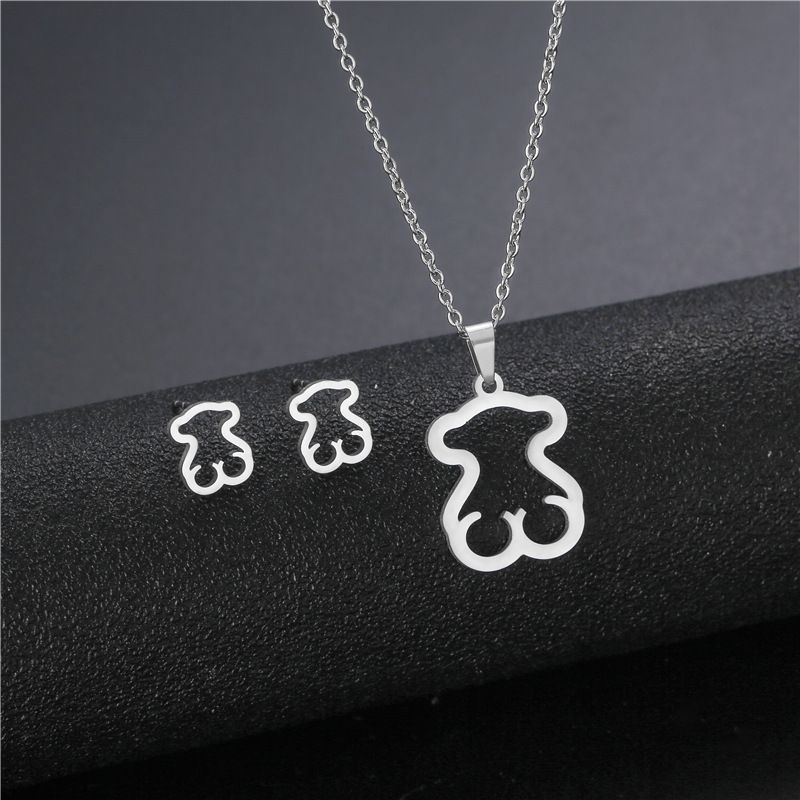 Simple Fashion Hollow Bear Stainless Steel Necklace Earrings Two-piece Set Wholesale Nihaojewelry