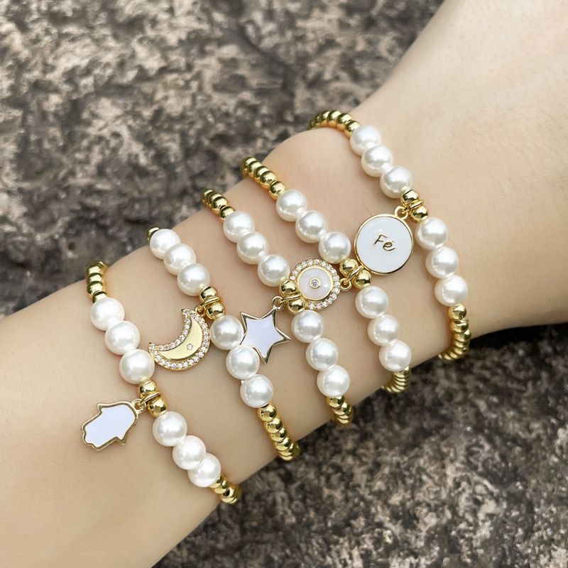 Wholesale Jewelry Pearl Beaded Stars Moon Pendant Copper Bracelet Nihaojewelry