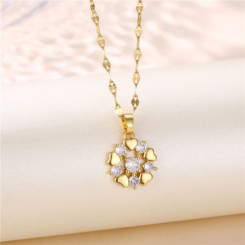 Wholesale Jewelry Heart Flower Zircon Copper Pendant Titanium Steel Chain Necklace Nihaojewelry