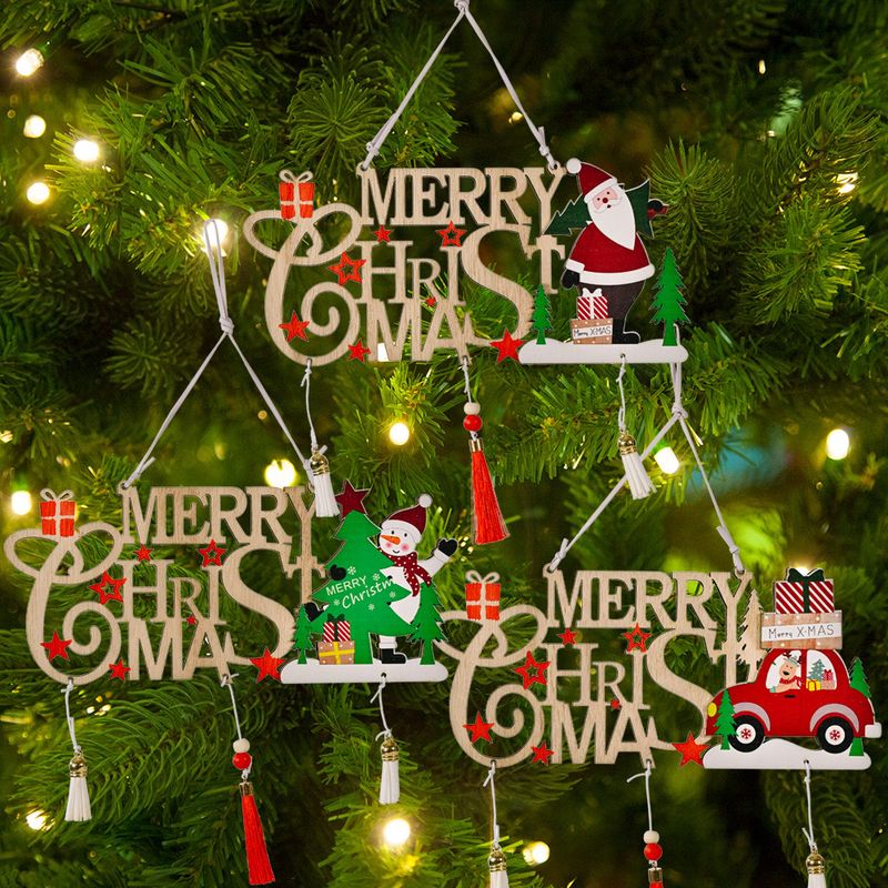Cross-border New Christmas Decoration Wooden Hollow Tassel Letter Brand Merry Christmas Christmas Tree Ornaments