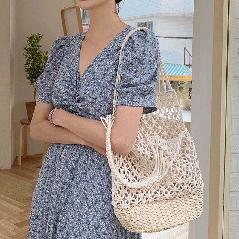 Retro Hollow Straw Woven Solid Color Bucket Bag Wholesale Nihaojewelry