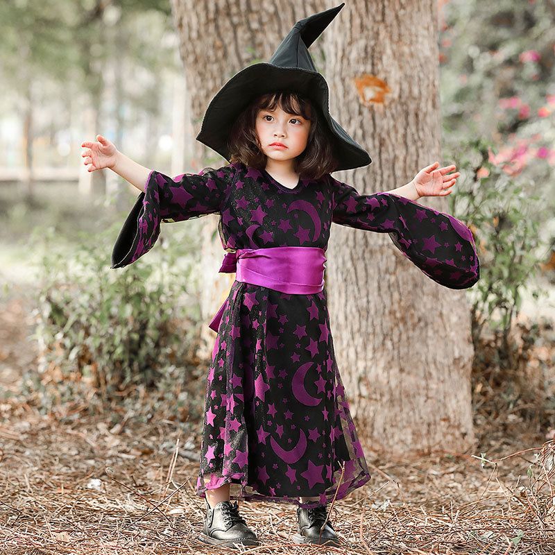 Fashion Halloween Children Purple Witch Star Moon Print Dress Wholesale Nihaojewelry