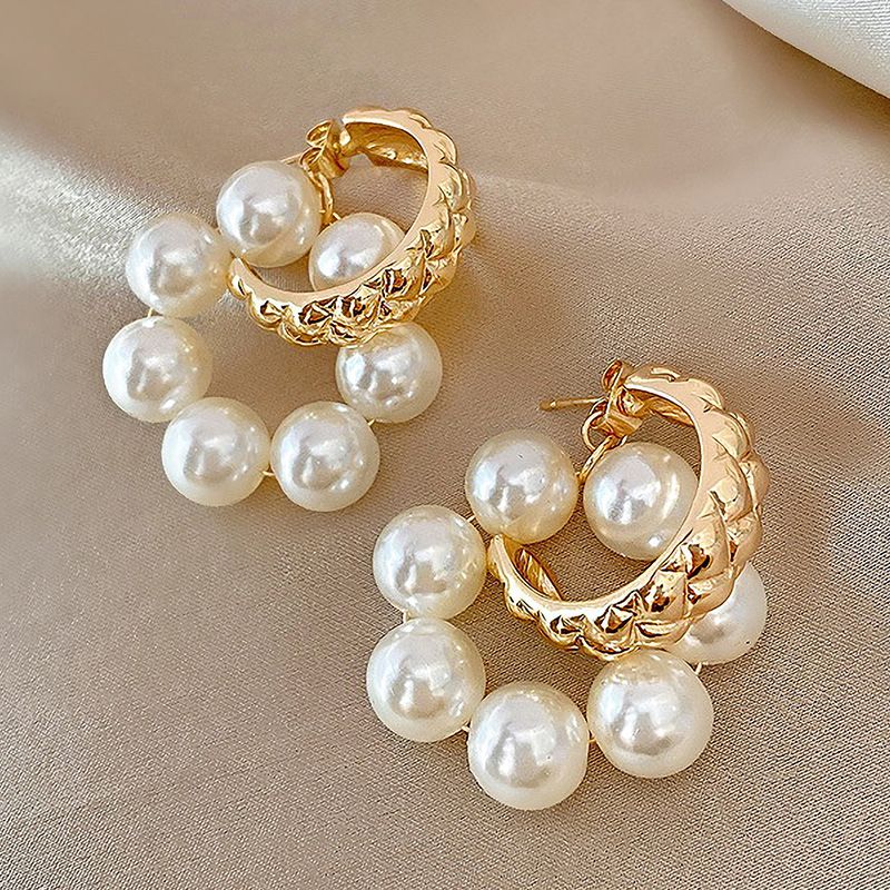 925 Silver Needle Vintage C- Shaped Pearl One Style For Dual-wear Eardrops European And American Ins Fashion High Sense Temperament Geometric Earrings