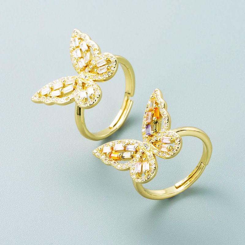 Simple Copper Gold-plated Colorful Zircon Hollow Butterfly Ring Wholesale Nihaojewelry