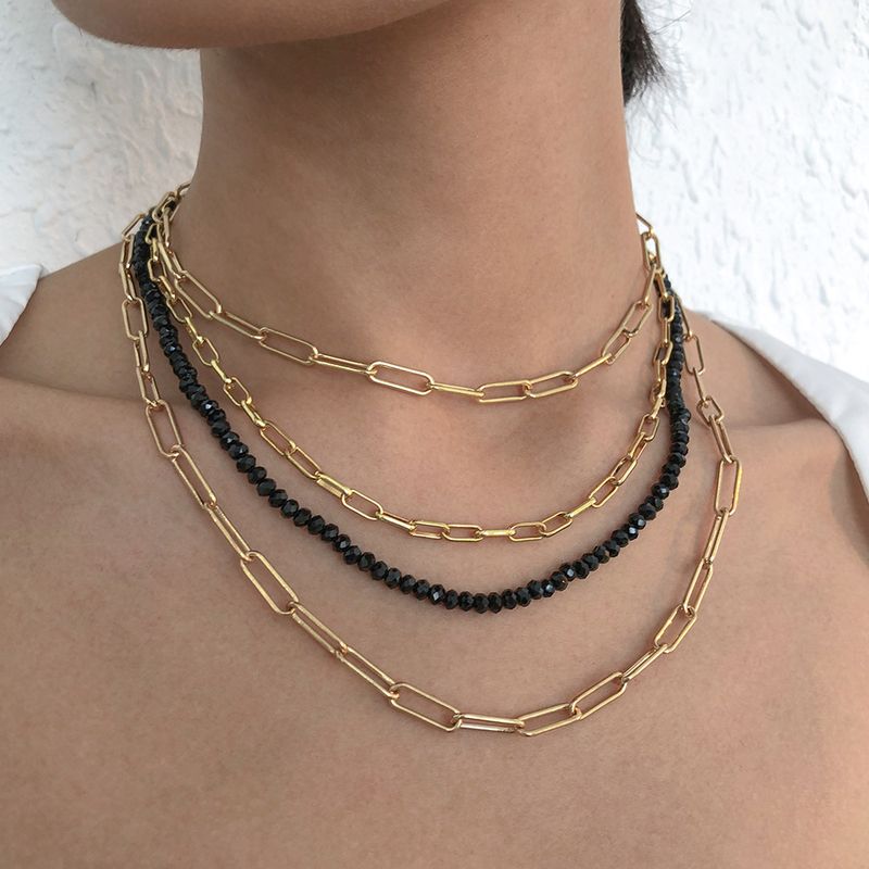 Wholesale Jewelry Multi-layer Hollow Chain Black Imitation Crystal Beaded Necklace Nihaojewelry