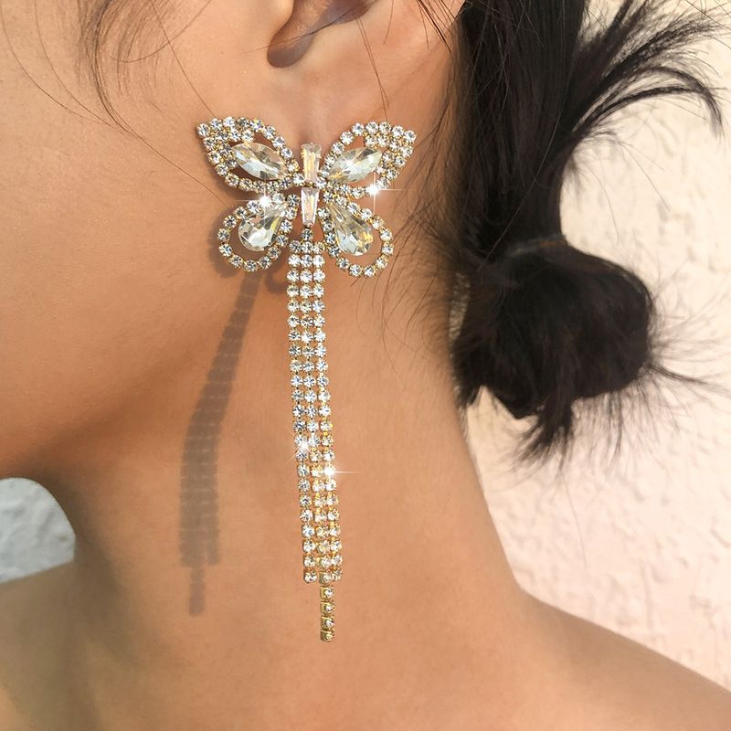 Retro Full Diamond Butterfly Tassel Earrings Wholesale Nihaojewelry