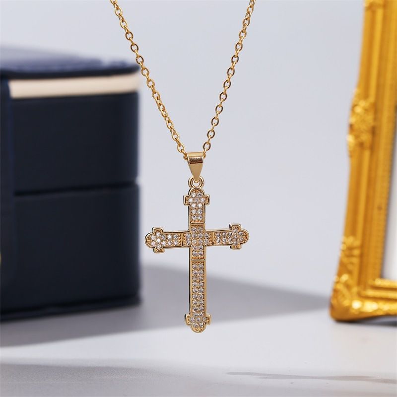 European And American Trendy Unique Copper Inlaid Zircon Cross Necklace Female Korean Cute Real Gold Plating Pendant Jewelry