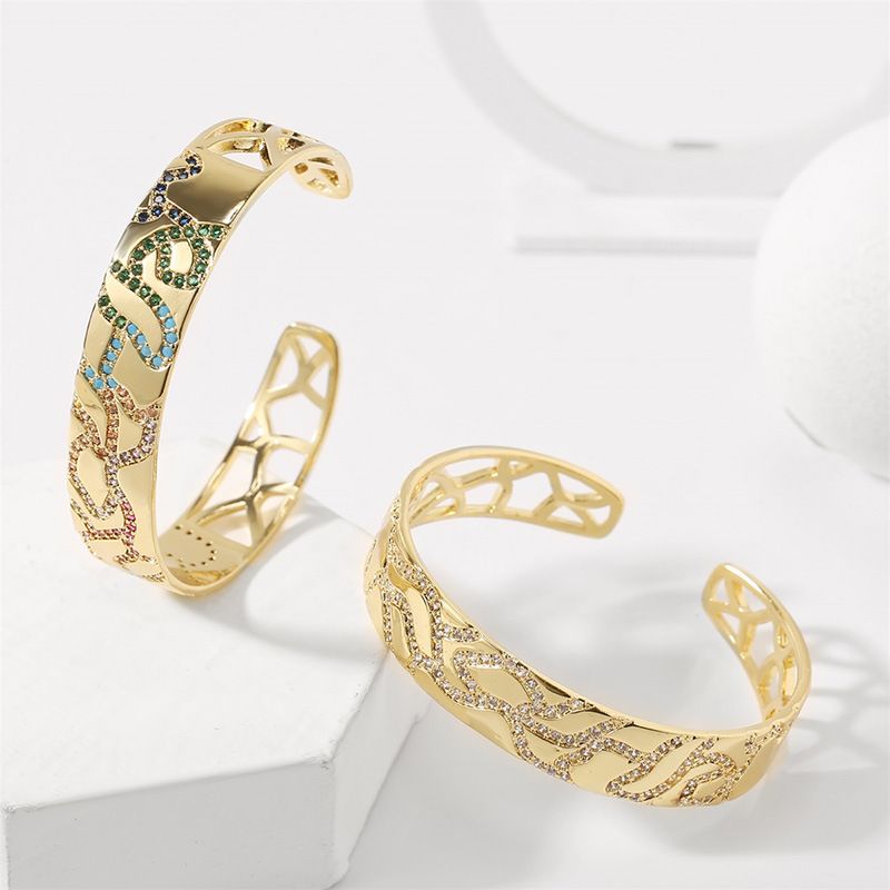 European And American Style Simple Personality Geometric Copper Inlaid Zirconium Open-ended Bracelet Female Ins Internet Hot Fashionable Real Gold Plating Bracelet