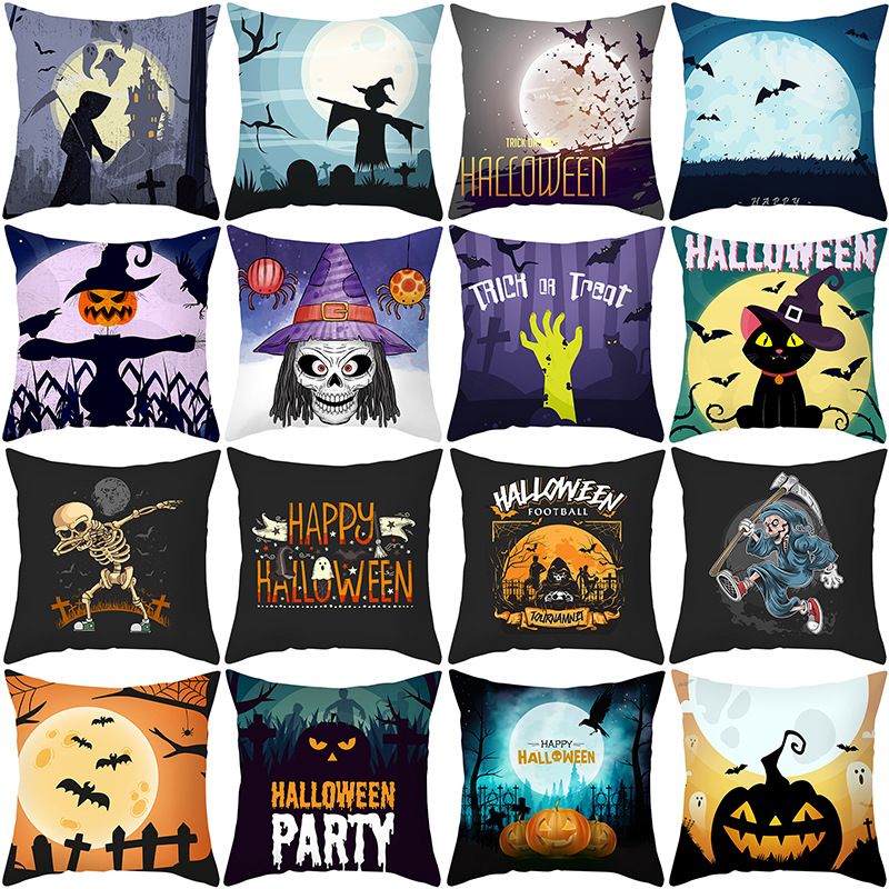 Halloween Cartoon Skull Cat Printing Sofa Peach Skin Pillowcase Wholesale Nihaojewelry