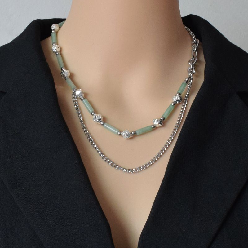 Wholesale Jade Irregular Diamond-studded Titanium Steel Stacking Necklace Nihaojewelry