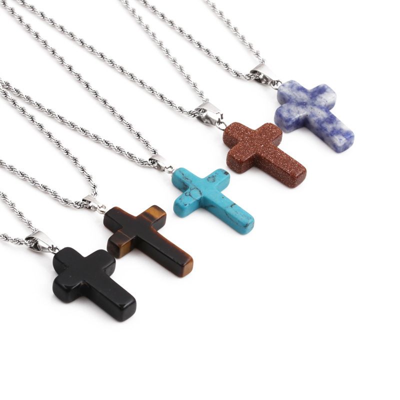 Wholesale New Semi-precious Stones Cross Pendants Stainless Steel Necklaces Nihaojewelry