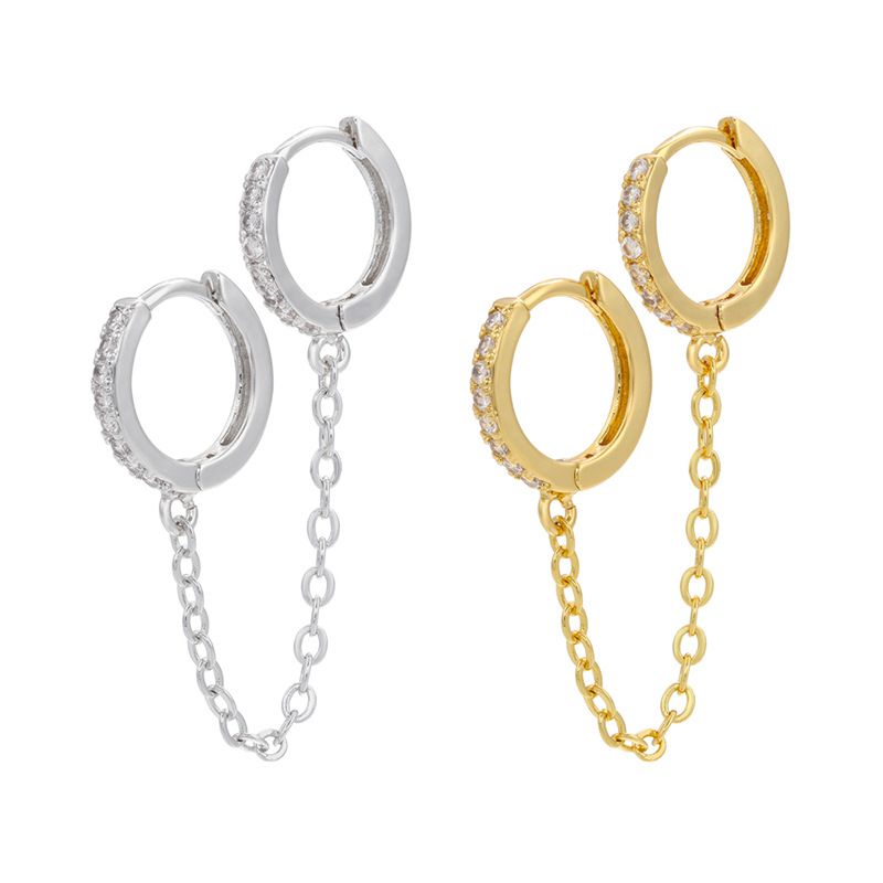Fashion Micro-inlaid Zircon Double Pierced Hollow Chain Brass Earrings Wholesale Nihaojewelry