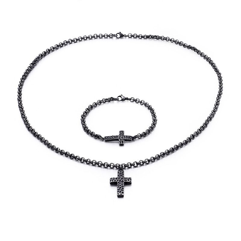 New Stainless Steel Cross Pendent Necklace Bracelet Set Wholesale Nihaojewelry