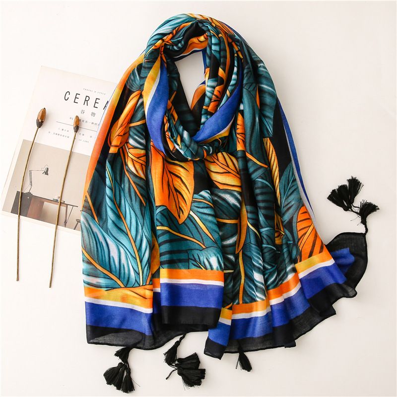 Ethnic Blue-yellow Contrast Color Big Leaves Shawl Wholesale Nihaojewelry