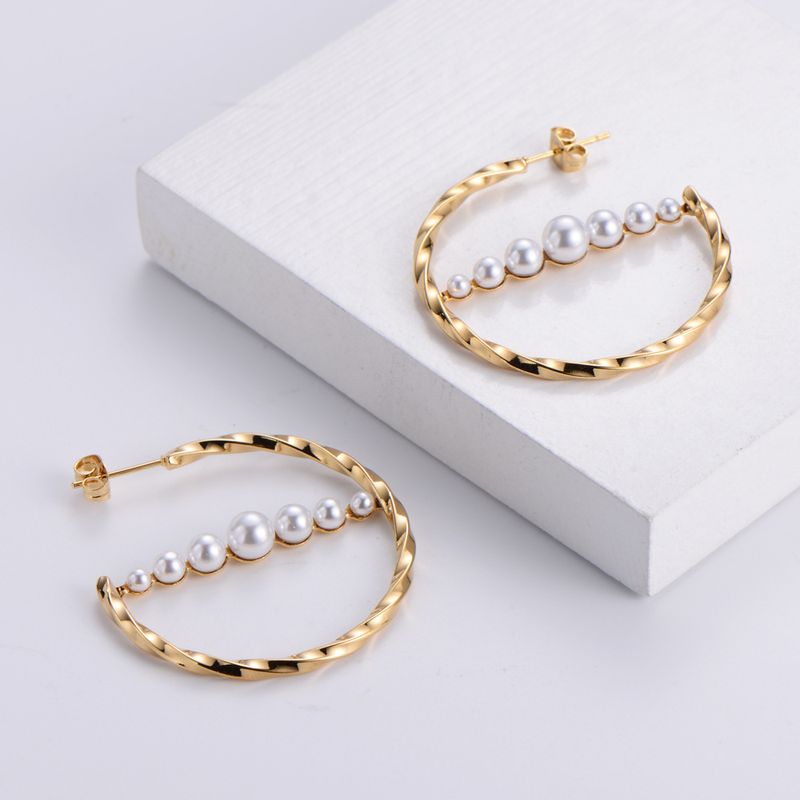 Aml Earrings White Pearl Electroplated Twist Round Glossy Ornament Polished Surface Square Line Jewelry In Stock Wholesale