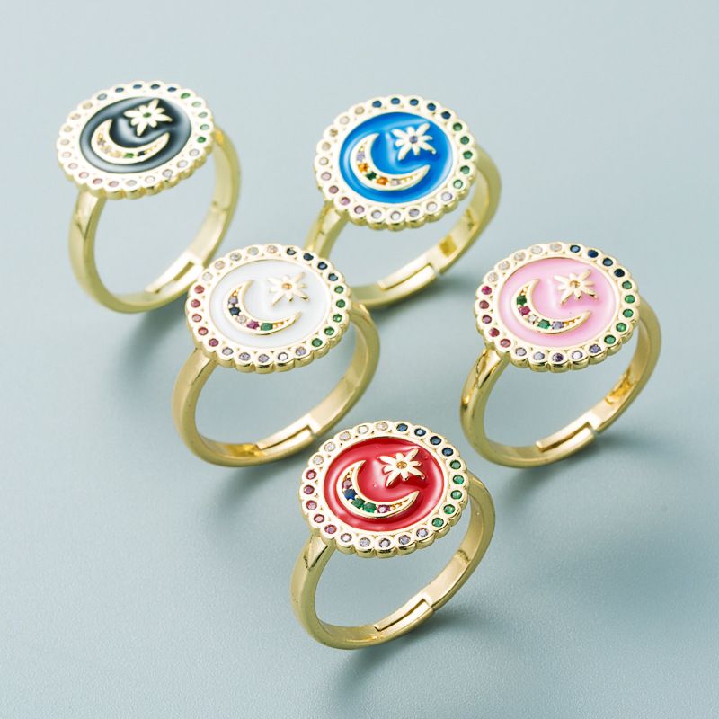 Exclusive For Cross-border Copper-plated Gold Micro Inlaid Color Zircon Star Moon Round Ring Female Dripping Oil T Square Opening Couple's Ring