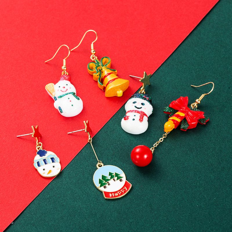 Christmas2021 New Christmas Series Oil Dripping Glass Ball Resin Snowman Asymmetric Long Earrings