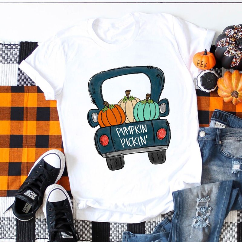 Women's T-shirt Short Sleeve T-shirts Printing Fashion Pumpkin Car