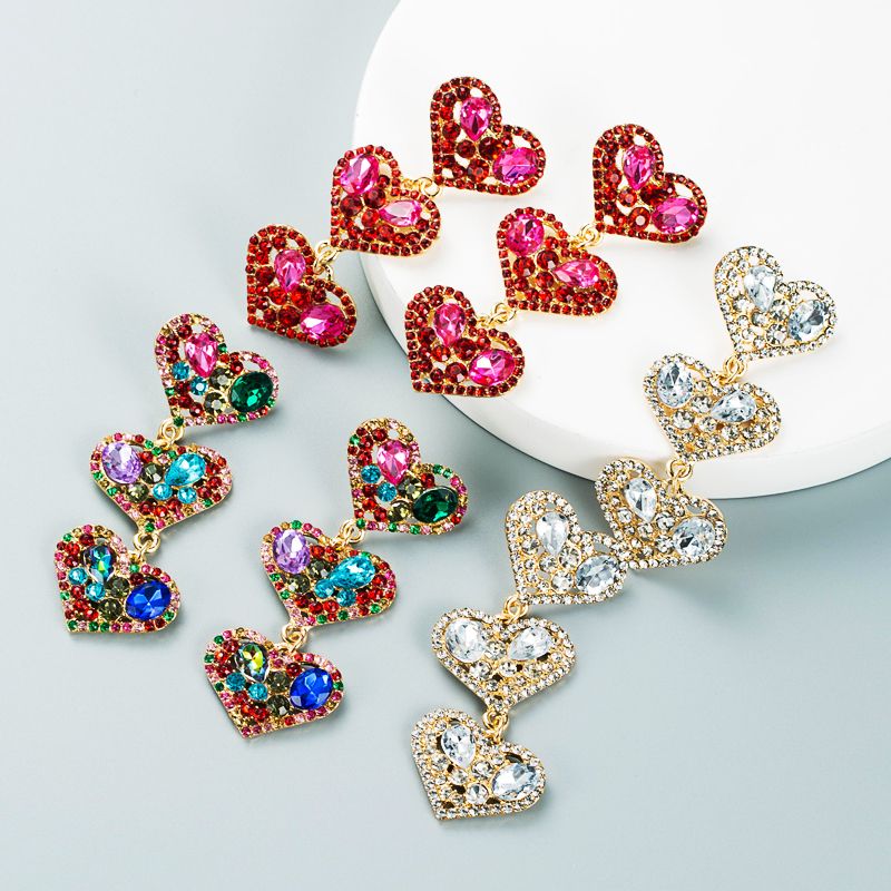 Mehrschichtige Herzförmige Legierung Diamant Lange Ohrringe Großhandel Nihaojewelry