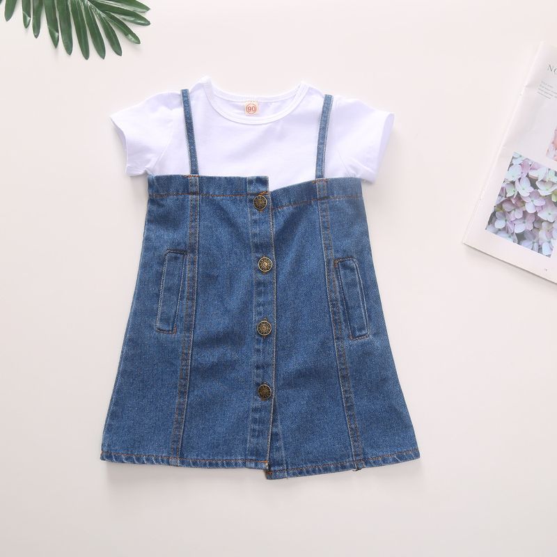 Children's Cotton Pure Color Short Sleeve T-shirt Irregular Denim Sling Skirt Wholesale Nihaojewelry