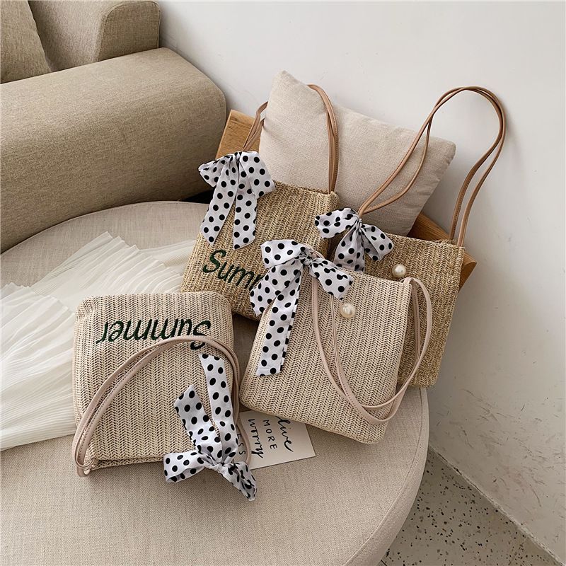 Wholesale Dots Print Silk Scarf Bow One-shoulder Messenger Woven Small Straw Bag Nihaojewelry