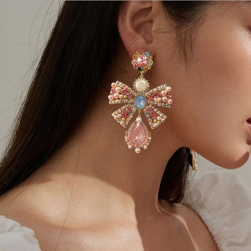 Wholesale Fashion Diamond-studded Pearl Pink Bow Big Earrings Nihaojewelry