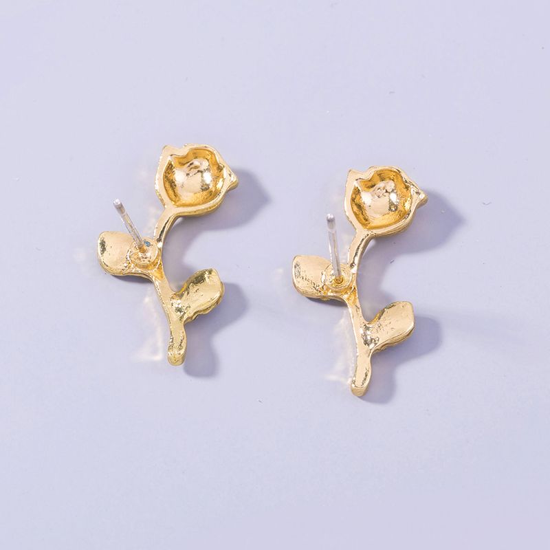 2021 Simple Fresh Gold Rhinestone Pearl Rose Earrings Ins Style Exquisite Women's Ear Studs