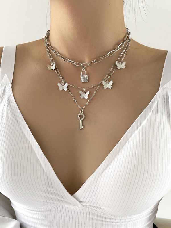 Wholesale Jewelry Butterfly Lock Key Pendant Multi-layer Necklace Nihaojewelry