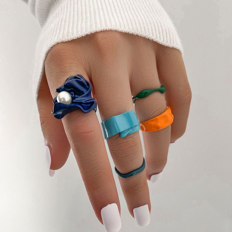 European And American Retro Alloy Spray Paint Ring Personality Minimalist Candy Color Pearl Irregular Joint Women's Ring Five-piece Set