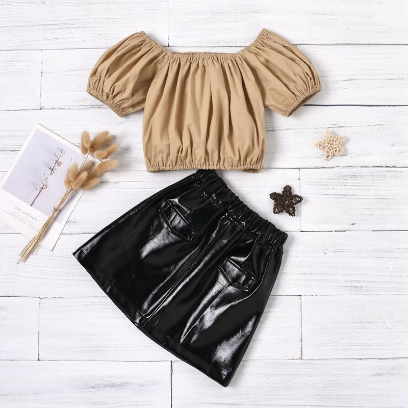Fashion Solid Color Lantern Sleeve Off-shoulder Pullover Leather Skirt Suit Wholesale Nihaojewelry