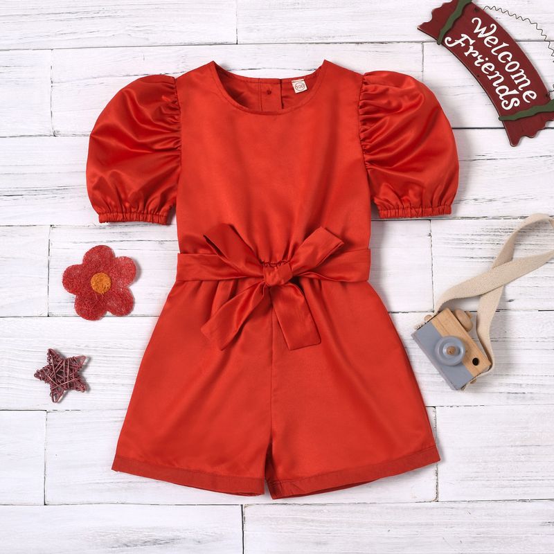 Solid Color Puff Sleeves Single-breasted Bow Belts Children's Jumpsuit Wholesale Nihaojewelry