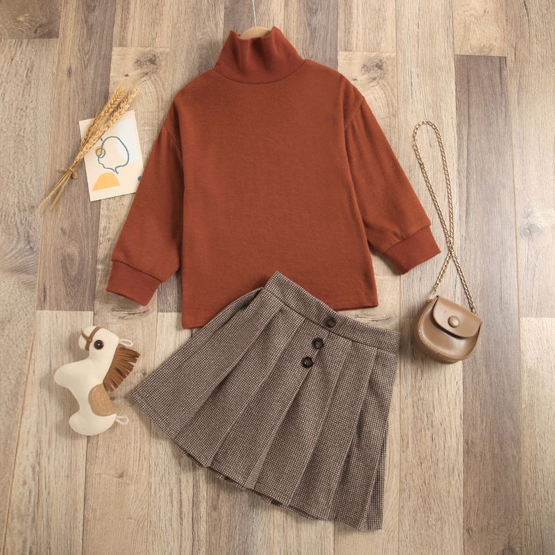 Children's Cross-border Autumn New Long Sleeve Turtleneck Bottoming Knitted Sweater + Woolen Pleated Skirt A- Line Skirt Two-piece Suit