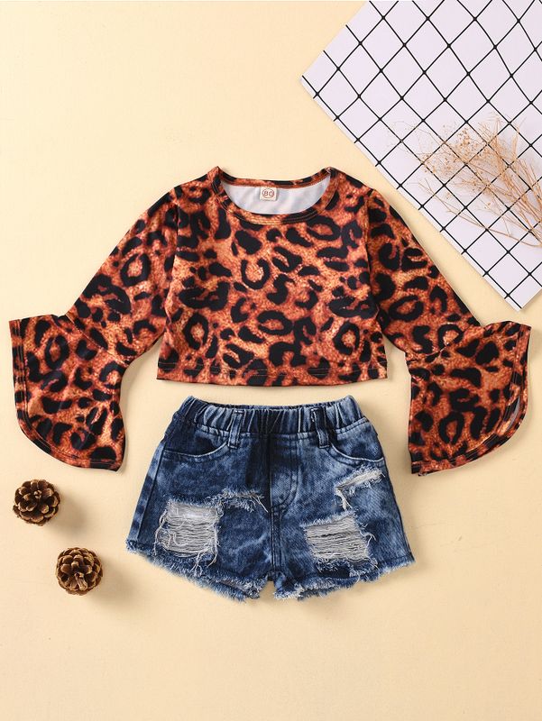 Exclusive For Cross-border Popular Children's Clothing Leopard Print Round-neck Flared Sleeves Top Street Ripped Jeans Children's Suit