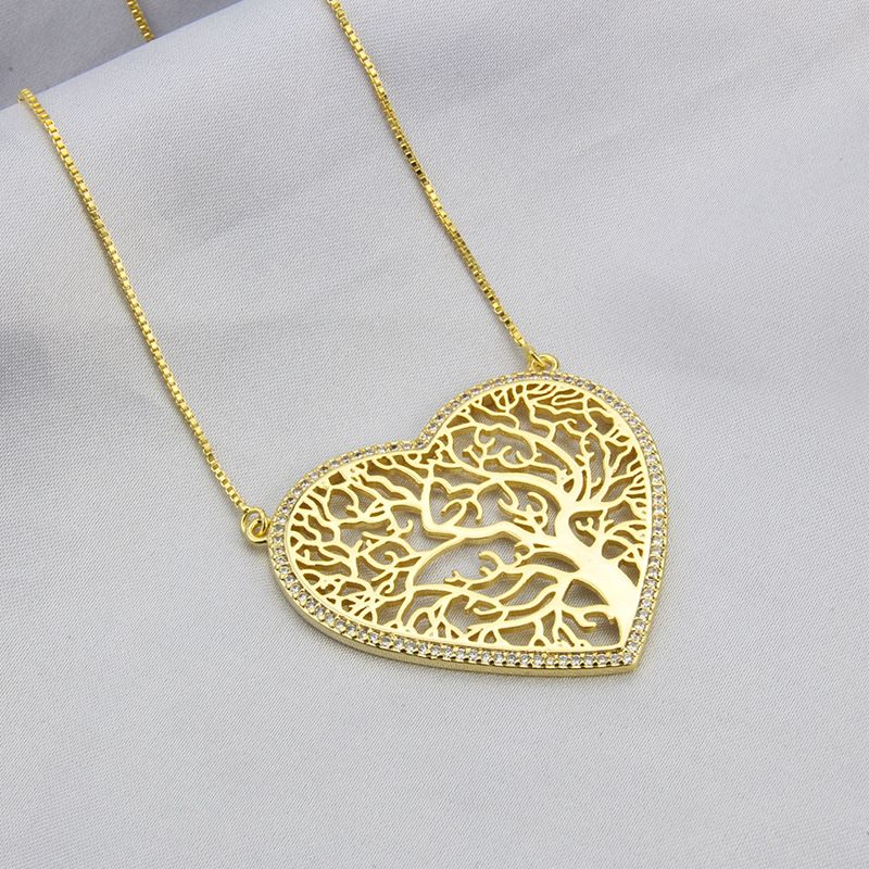 Cross-border Gold-plated Lucky Tree Heart-shaped Pendant Spot Copper Inlaid Zirconium Simple Hollow Ornament Chain Love Necklace