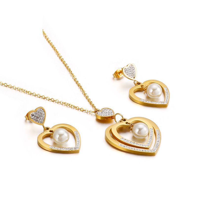 Foreign Trade Supply Korean Accessories Fashion Simple Women Heart Pearl Earrings Necklace Two-piece Ornament Wholesale